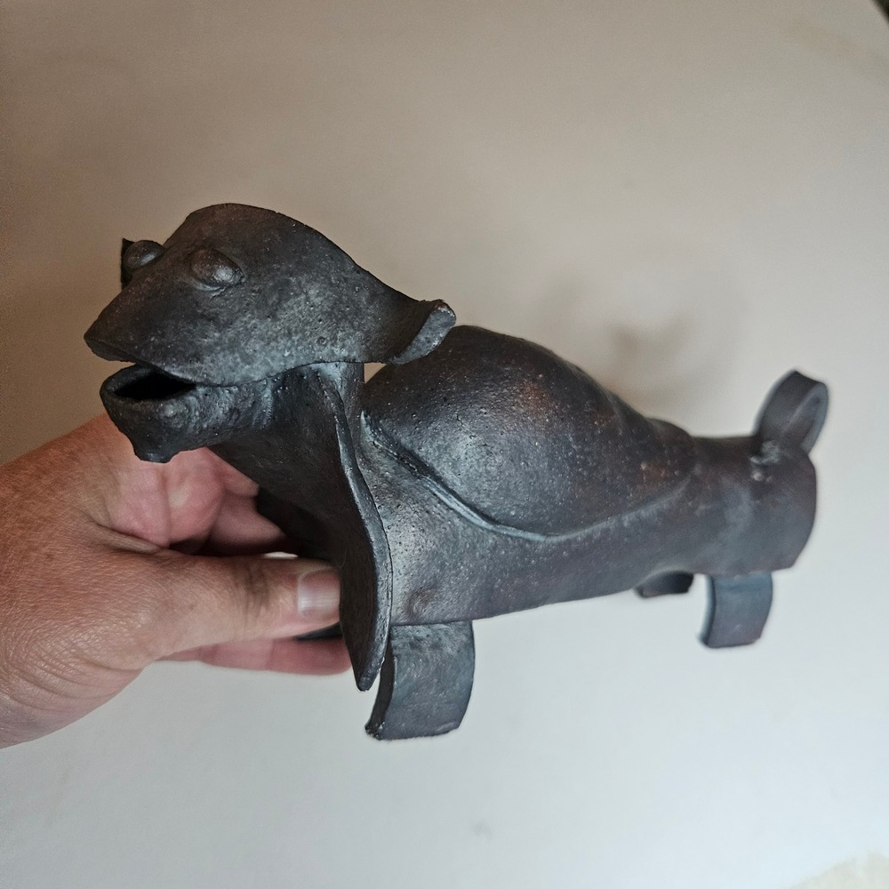 Vintage Brutalist Cast Iron Bull Figurine Mid Century Modern Metal Sculpture